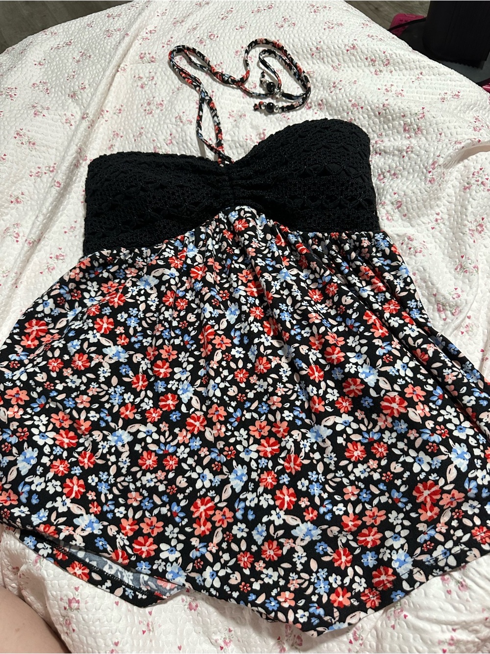 No Boundaries Black Crochet Bandeau Floral Halter Camisole
